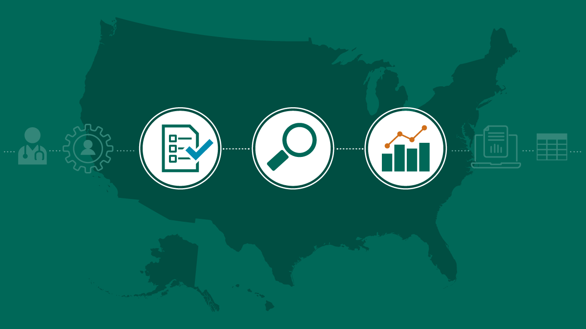 Icons of a survey, magnifying glass, and graph over a map of the US