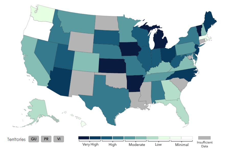 Map of the US in shades of blue and green to indicate wastewater levels