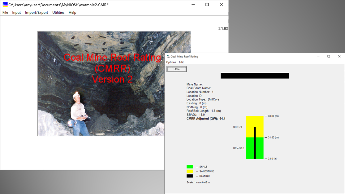 Coal Mine Roof Rating CMRR thumbnail Opening screen and analysis screenshot from the Coal Mine Roof Rating (CMRR) software
