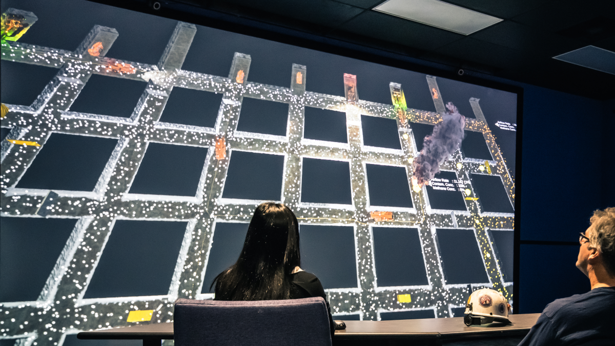 MFIRE users viewing mine fire propagation visualization Users of MFIRE viewing visualization of a simulated mine fire