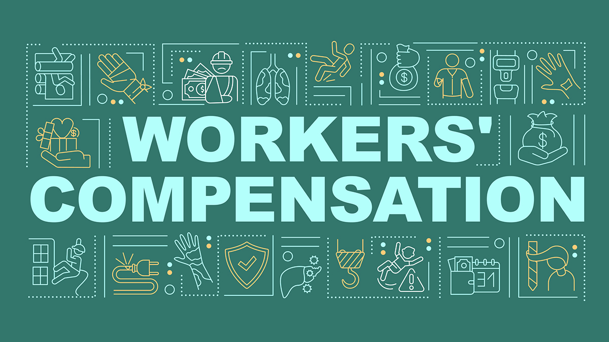 Illustrated image with the words workers' compensation surrounded by icons representing different industries and types of work.