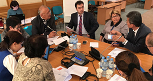Aybek Khodiev, CDC-Uzbekistan, engages in action planning for One Health workforce development and training through group discussion with representatives from Ministry of Health, State Veterinary Committee, Ministry of Emergency Situations, and State Committee for Ecology and Nature Protection. Photo credit: Tory Seffren