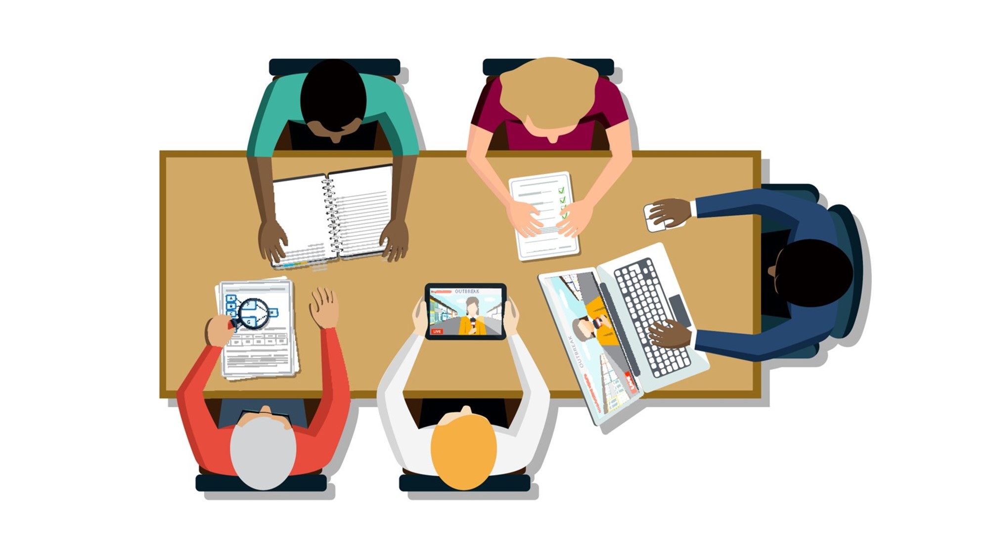 Overhead view of five people studying materials to help solve outbreaks