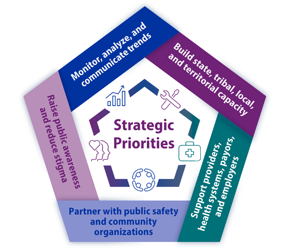 A pentagon shape with a strategic priority along each side in a different color.