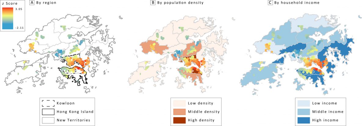 20_0601_02 Hot spot analysis of fast-food restaurants near secondary schools in Hong Kong, by A, region, B, population density, and C, income.