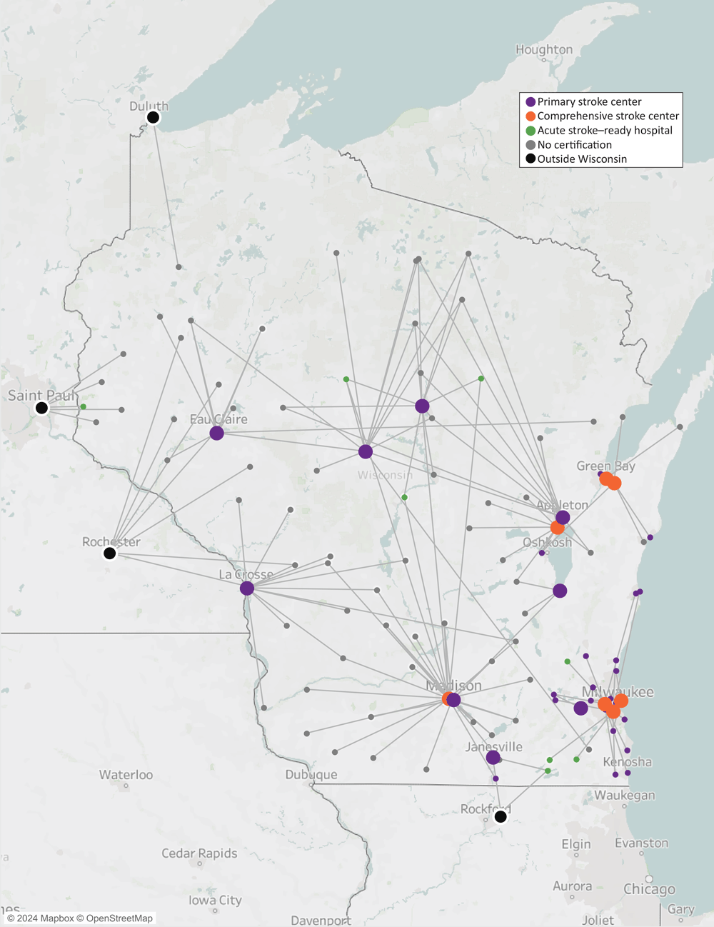 This map shows Wisconsin and the locations of large tertiary hospitals: in Appleton (1 primary stroke center), Eau Claire (1 primary stroke center), Fond du Lac (1 primary stroke center), Green Bay (2 comprehensive stroke centers), Janesville (1 primary stroke center), La Crosse (1 primary stroke center), Madison (2 primary stroke centers, 1 comprehensive stroke center), Marshfield (1 primary stroke center), Milwaukee (3 comprehensive stroke centers), Neenah (1 comprehensive stroke center), Waukesha (1 primary stroke center), and Wausau (1 primary stroke center). The map also shows locations of small rural hospitals throughout the state (n = 109); of these, 31 are primary stroke centers, 8 are acute stroke–ready hospitals, and 70 have no stroke accreditation. The map also shows lines indicating which small rural hospitals transfer patients to which large tertiary hospitals. Large tertiary hospitals in 4 cities outside Wisconsin (Duluth, Rochester, and St. Paul, Minnesota, and Rockford, Illinois) also accept transfers of patients from small rural hospitals in Wisconsin.