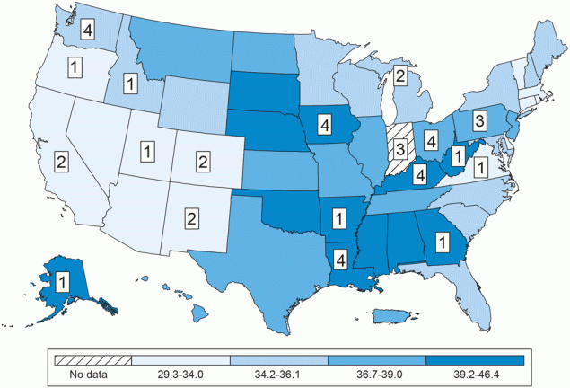 25_0025_02 Age-adjusted colorectal cancer incidence and distribution of included articles (N = 36) by state, scoping review of colorectal cancer screening interventions in rural settings, January 2010–May 2024. Age-adjusted colorectal cancer incidence rates per 100,000 standard population were based on US cancer incidence data from 2017 through 2021. The numbers represent the number of articles that were included in our review whose intervention was implemented in that state. Four pairs of articles (n = 8 total) were publications on the same study.