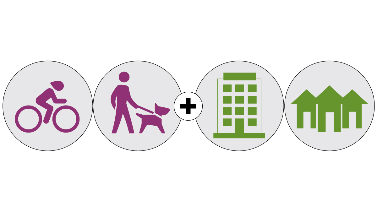 — title missing — Drawings of a person biking and a person walking a dog to illustrate active routes to office buildings and homes.