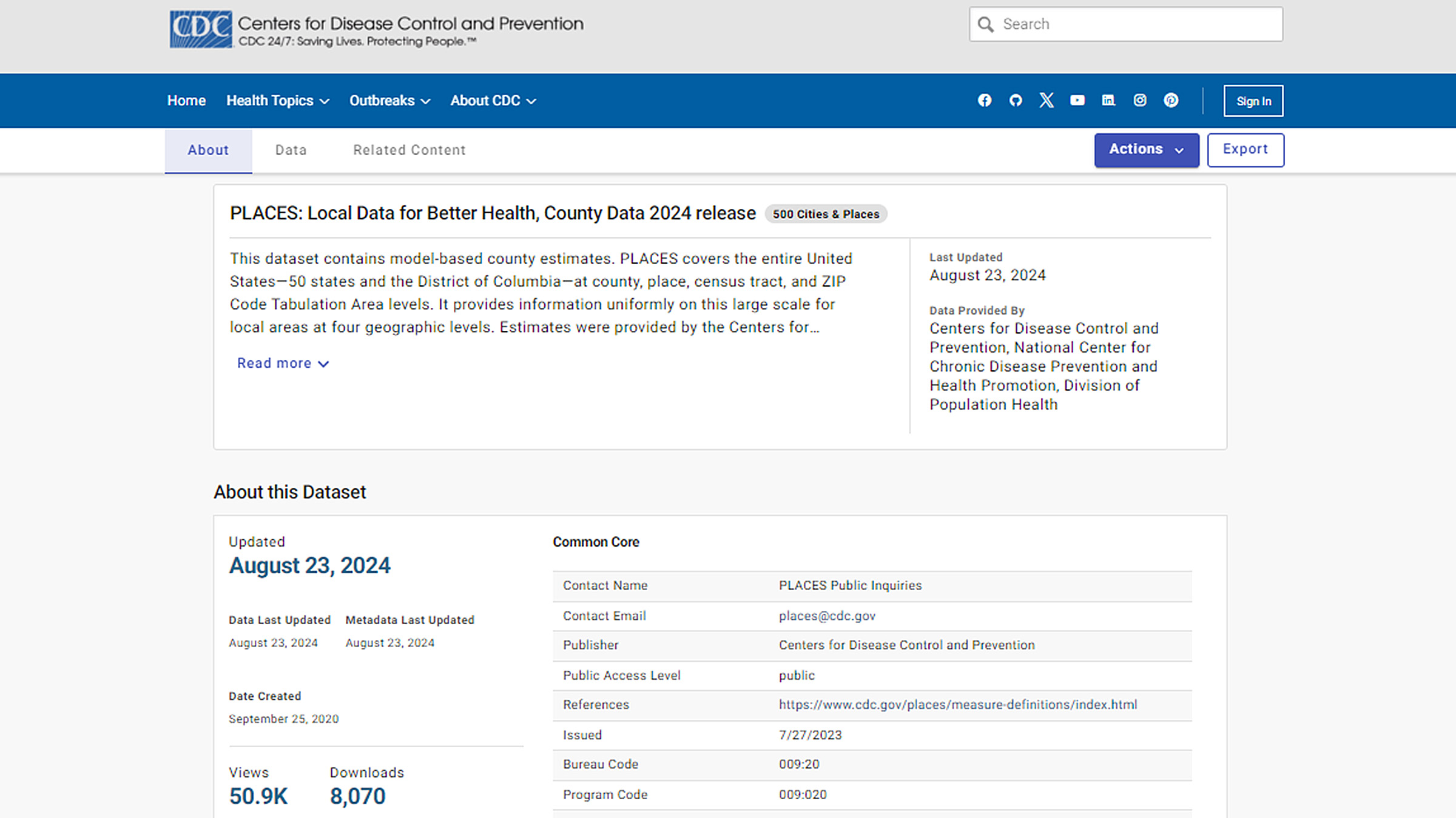 PLACES County Data page Screen view of the PLACES County Data (opendata format) 2024 Release page.