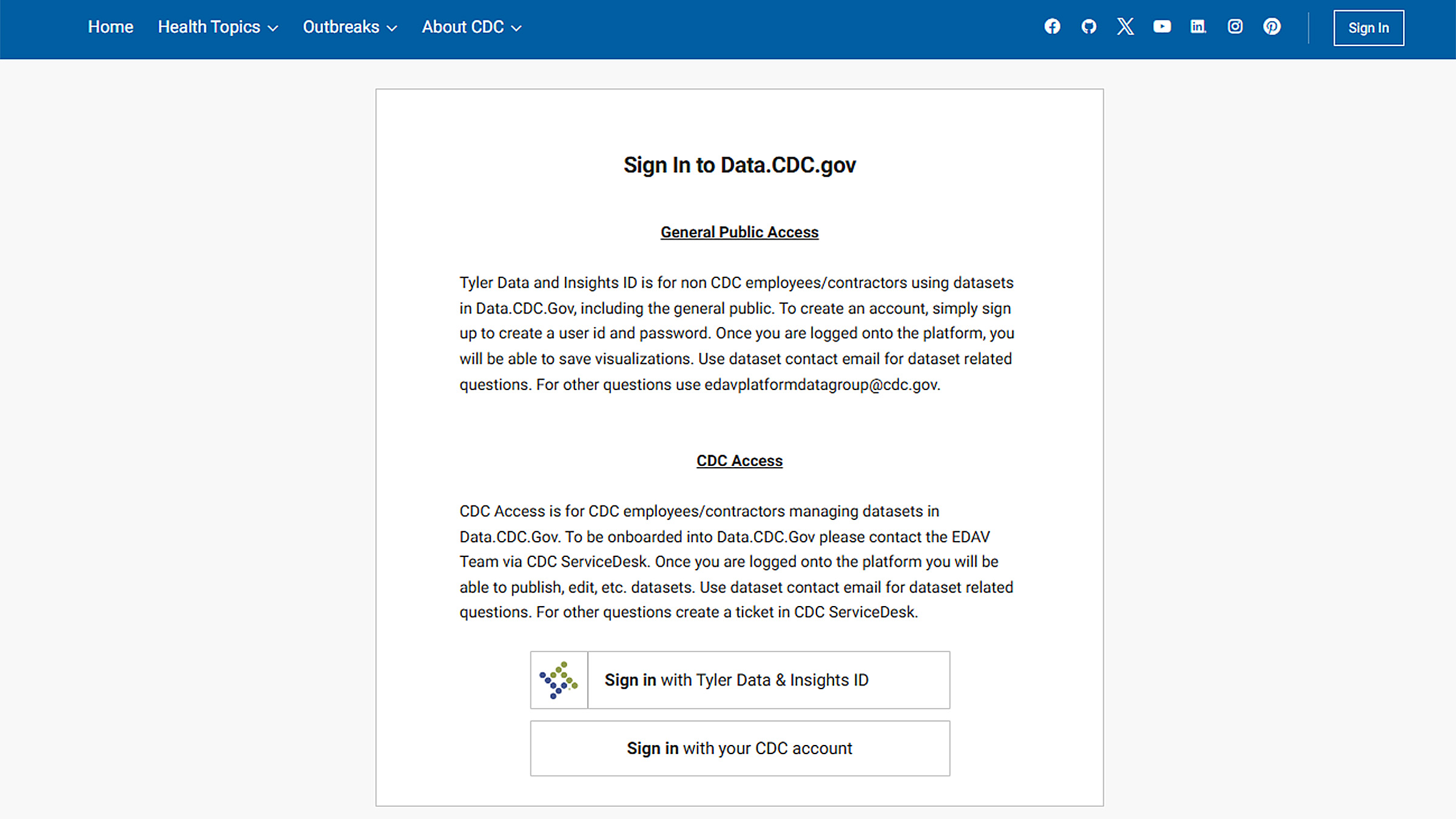 PLACES Data Portal Sign In PLACES Data Portal Sign In screen, with either Tyler Data & Insights ID or with your CDC account.