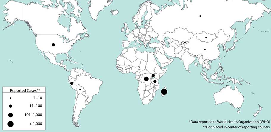 World map showing regions with plague cases for the years 2000-2009.