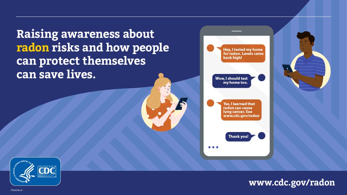 Radon Awareness Week 2024 - Awareness 1200 Blue background with text on the left "Raising awareness about radon risks and how people can protect themselves can save lives. " On the right is a cartoon male and female typing on their mobile devices with a larger device screen in the center showing the conversation between them as "Hey, I tested my home for radon. Levels came back high!" "Wow, I should test my home too" "Yes, I learned that radon can cause lung cancer. See www.cdc.gov/radon" "Thank you!" At the lower left is the CDC logo and lower right is www.cdc.gov/radon