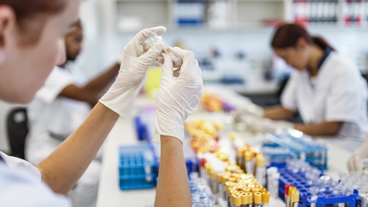 A female technician working in a laboratory examines a sample.