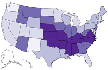 Map of the United States showing Rocky Mountain Spotted Fever cases by state.
