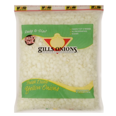 Bag of onions Image of a bag of fresh, diced onions.