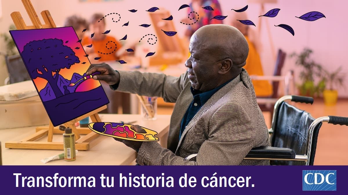 Un hombre mayor pinta en un caballete. El siguiente texto dice Transforma tu historia de cáncer.