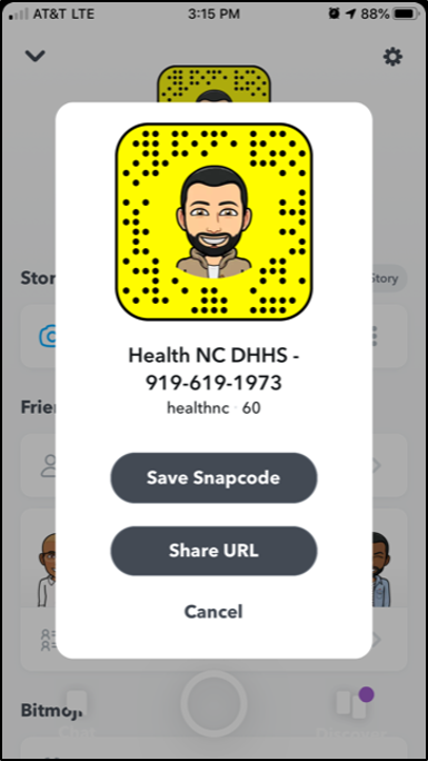 An example personal profile for Snapchat mobile app's snapcode for health care professionals.