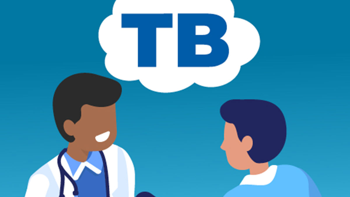 Provider Counseling Patient A health care provider speaks with a patient with a thought bubble overhead that says "TB"