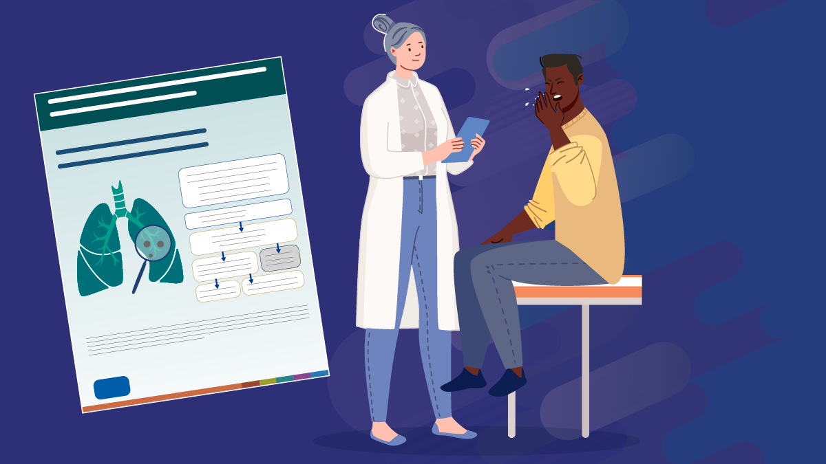 A doctor examining a patient. A close up shows a testing algorithm.