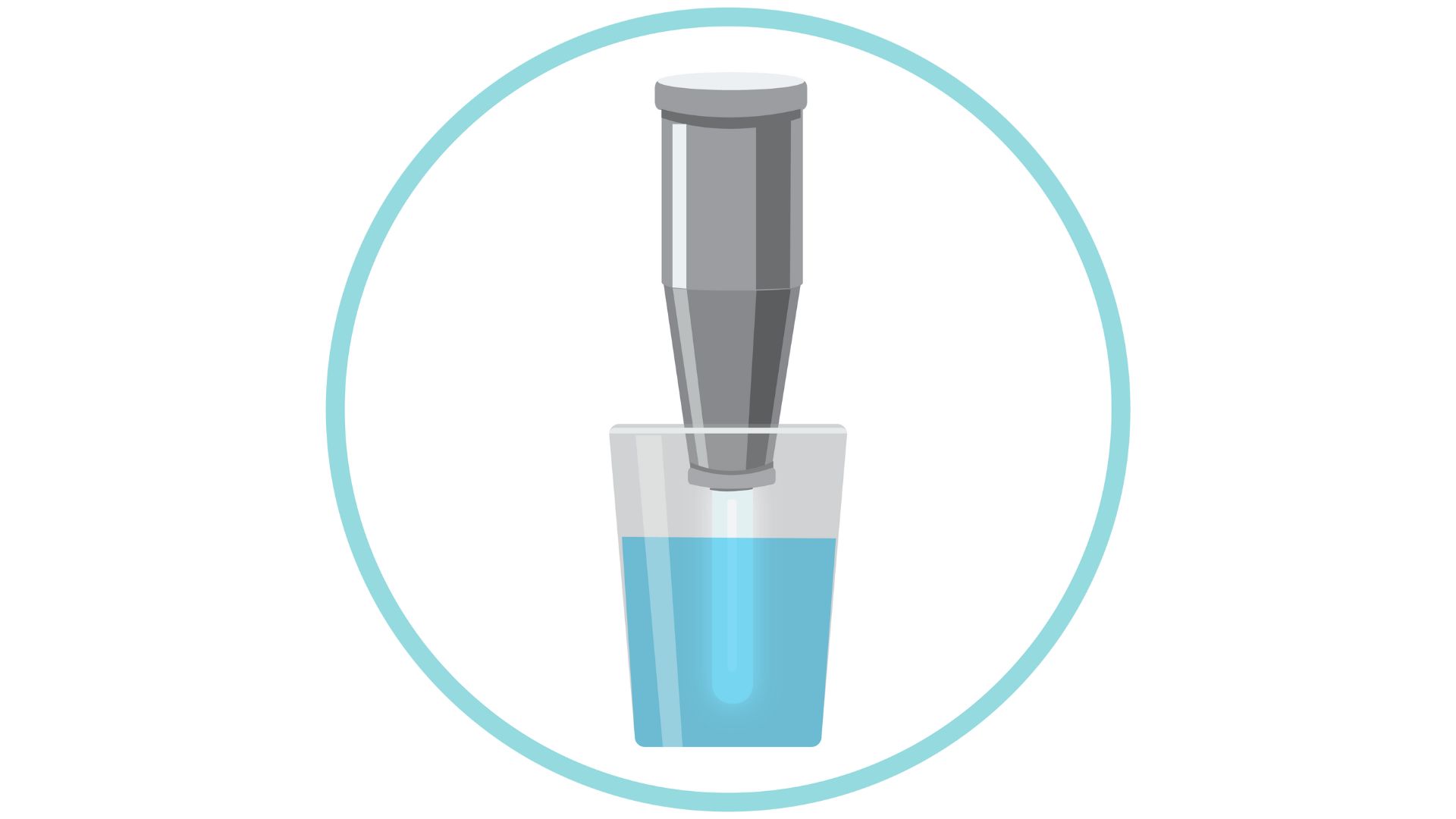 Ilustración de agua con microbios pasando de un vaso a un filtro de agua portátil que elimina los microbios, y virtiéndose en otro vaso que se llena con agua clara